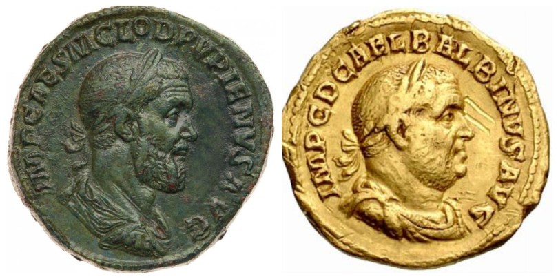 Monedas de los emperadores Pupieno y Balbino